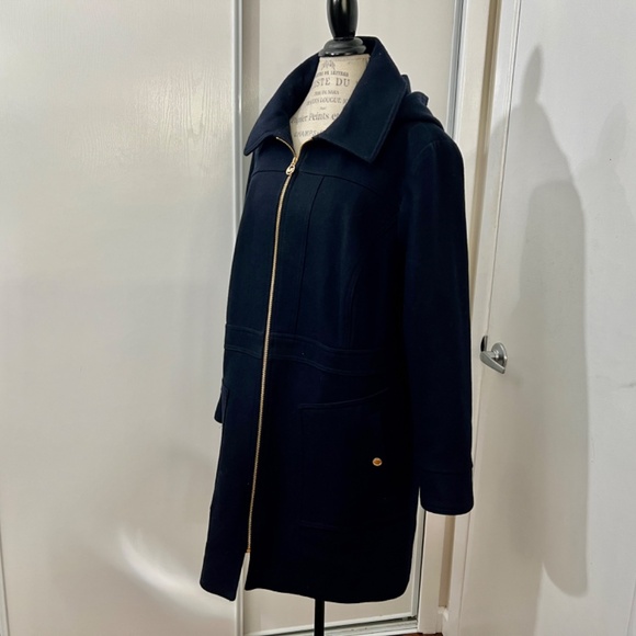 MICHAEL KORS Zip-Up Removable Hood Wool Coat Women Deep Black Lined Goldcolor 1X - Picture 4 of 16